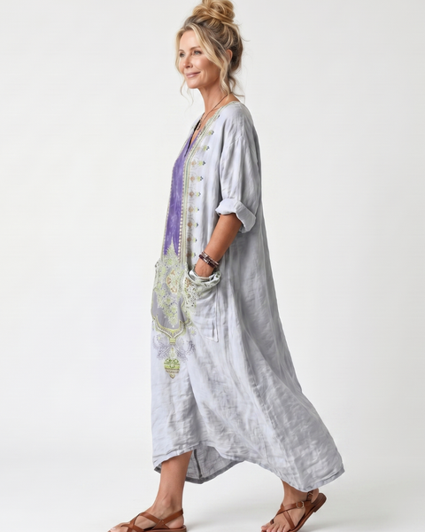 Raina | Vestito Midi Oversize con Pannello a Contrasto e Ricami