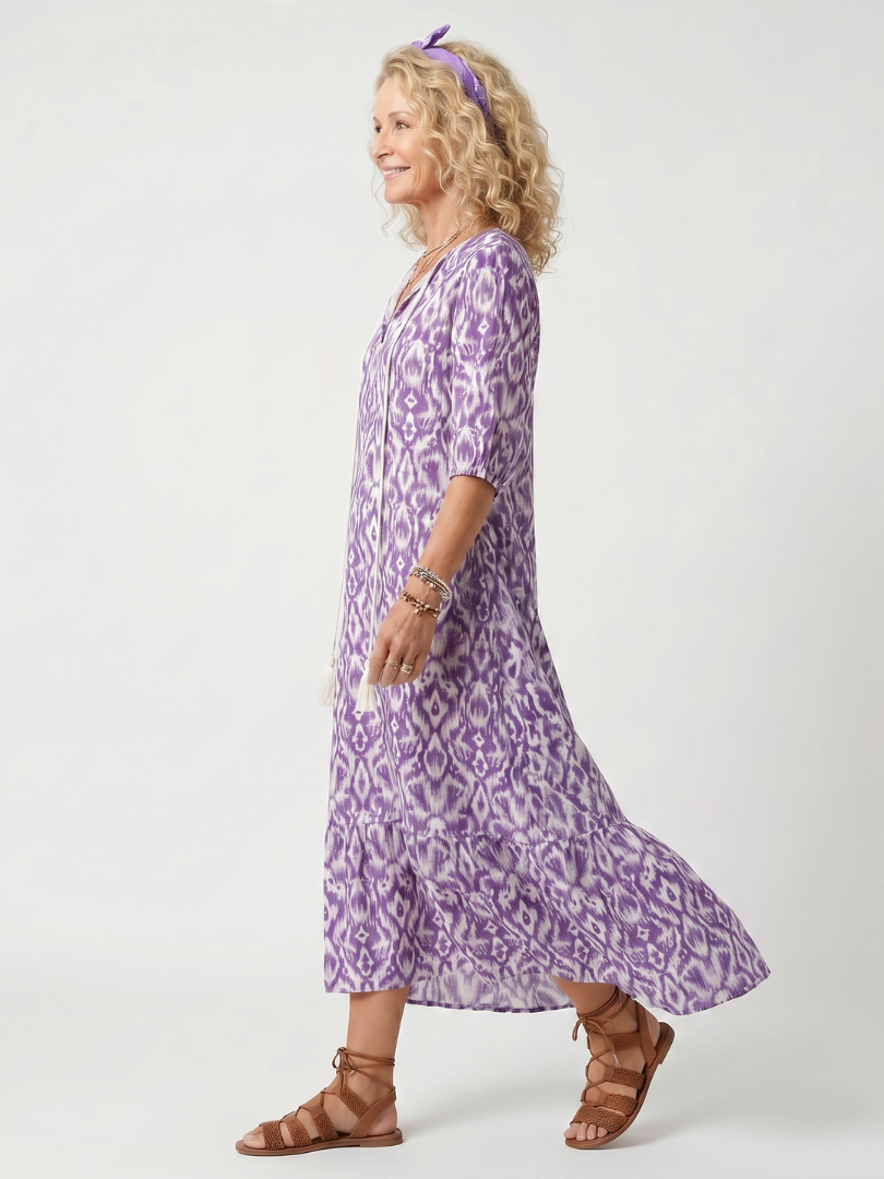 Penelope | Abito Midi con Nastro a Frange Stampato