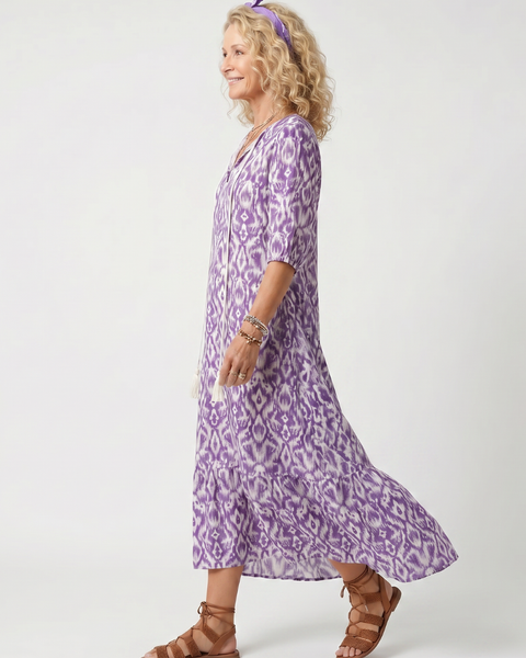 Penelope | Abito Midi con Nastro a Frange Stampato