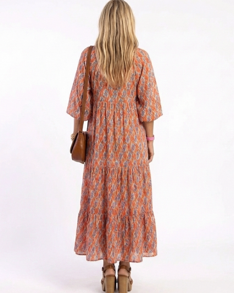 Amara | Abito midi a balze con stampa geometrica