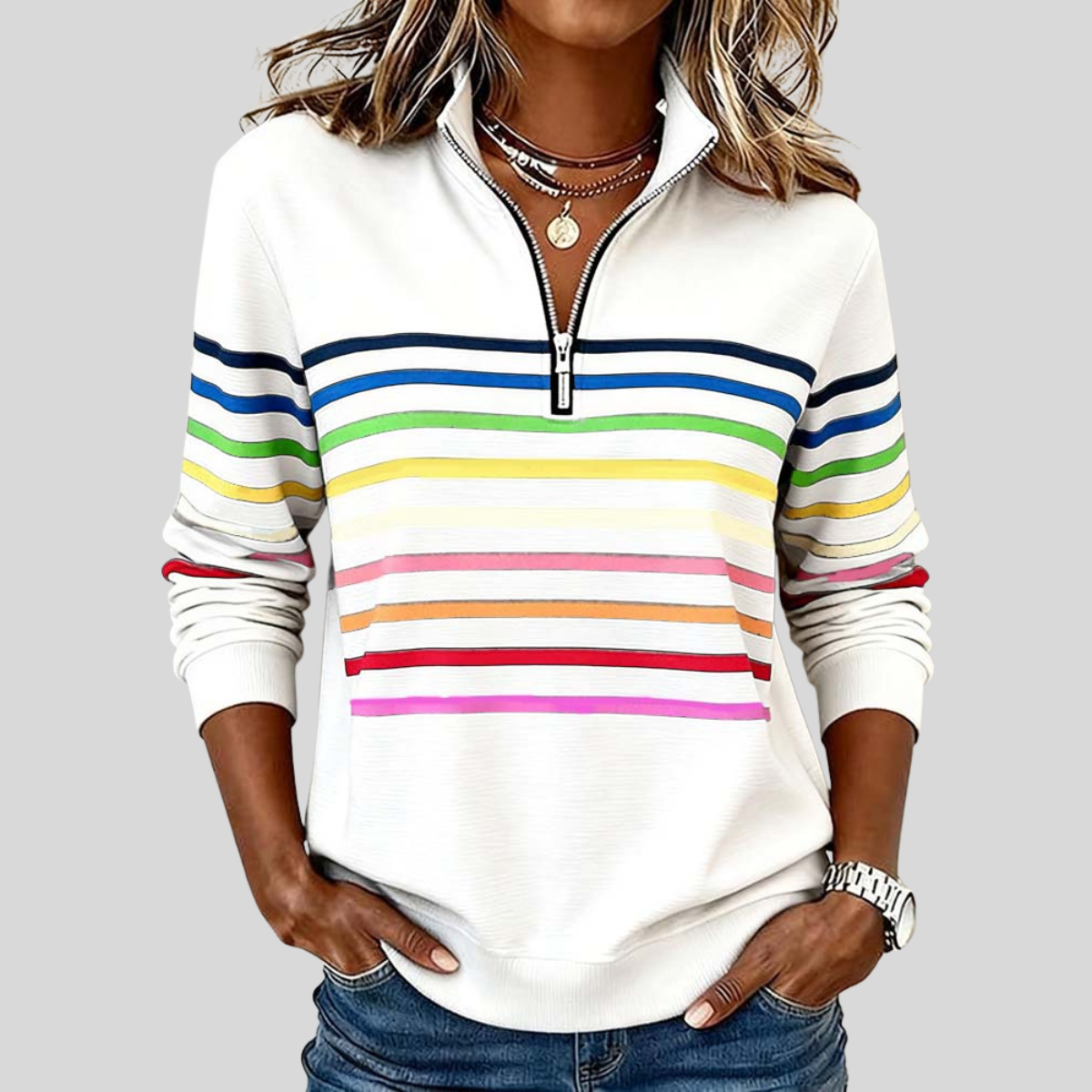 Arianna™ | Felpa a righe colorate con zip a quarto