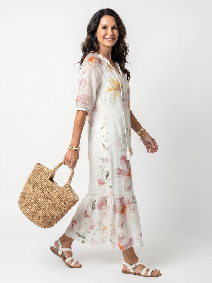 Noa | Abito Midi a Balze con Stampa Floreale e Frange