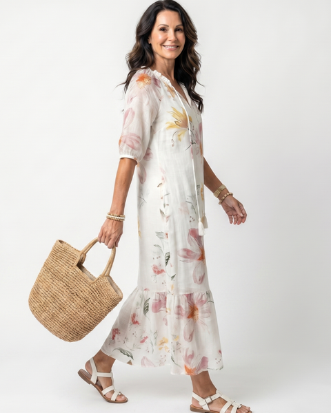 Noa | Abito Midi a Balze con Stampa Floreale e Frange