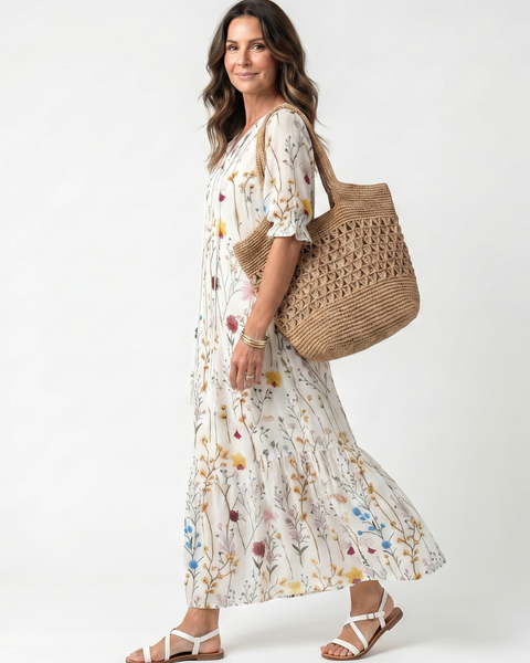Sylvie | Abito Midi con Stampa Botanica e Fiocchi