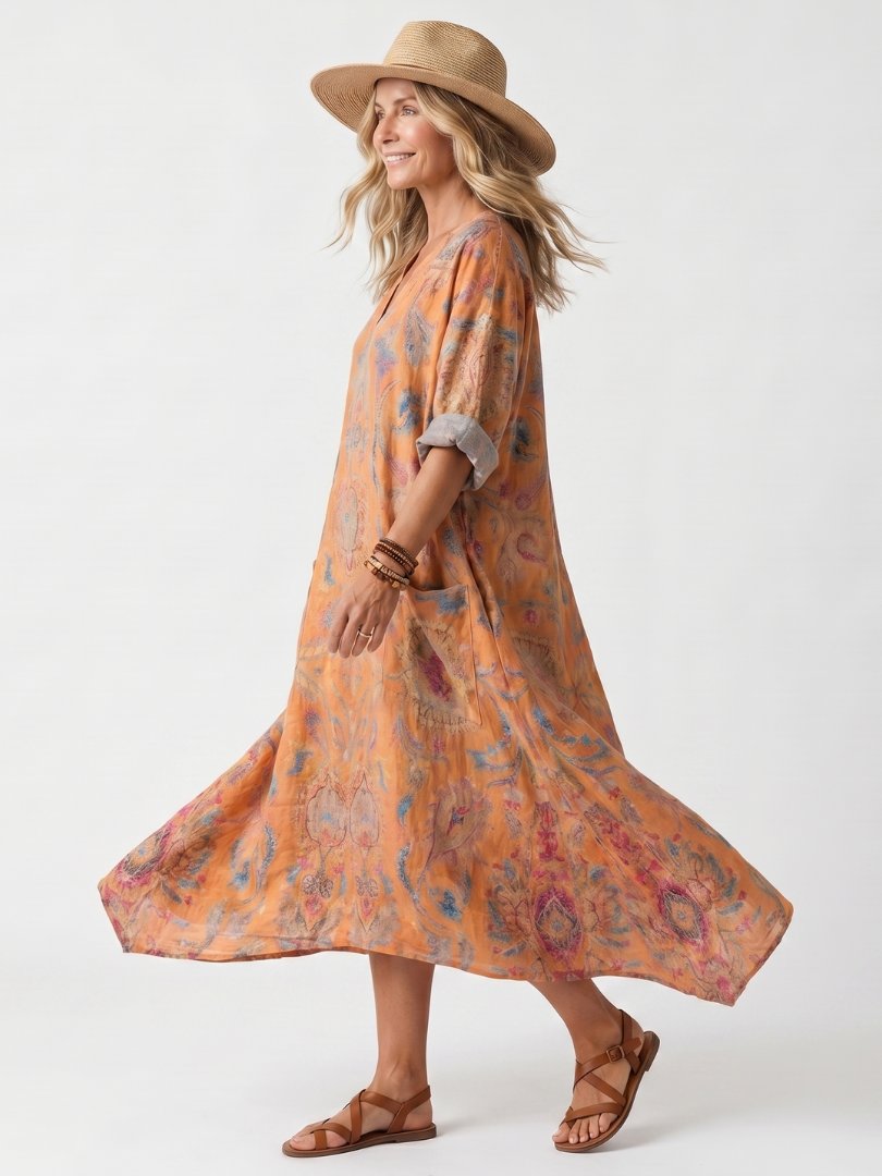 Remi | Abito Midi Oversize con Stampa e Tasche a Collo Notch
