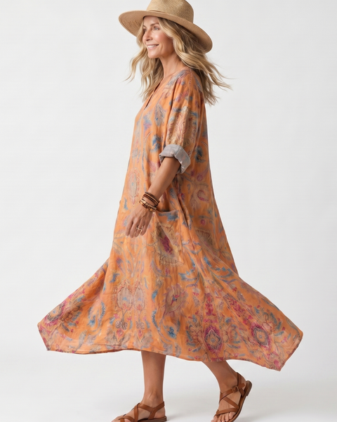 Remi | Abito Midi Oversize con Stampa e Tasche a Collo Notch