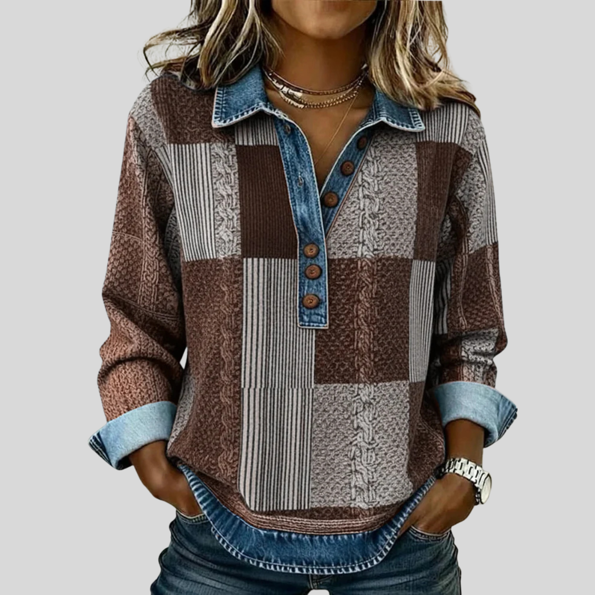 Maglione da donna Sylvie in stile patchwork effetto denim