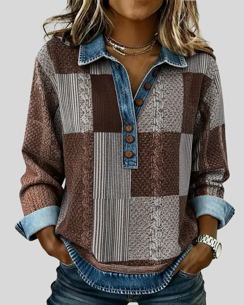 Maglione da donna Sylvie in stile patchwork effetto denim
