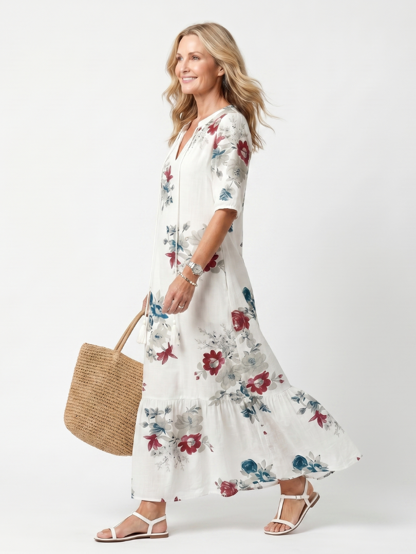Maeva | Abito midi con frange e stampa floreale dispersa