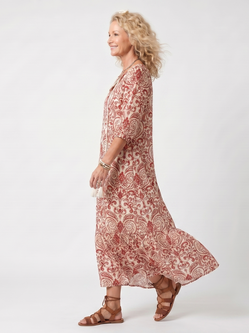Noelle | Abito midi con stampa ornata e laccetti a frange