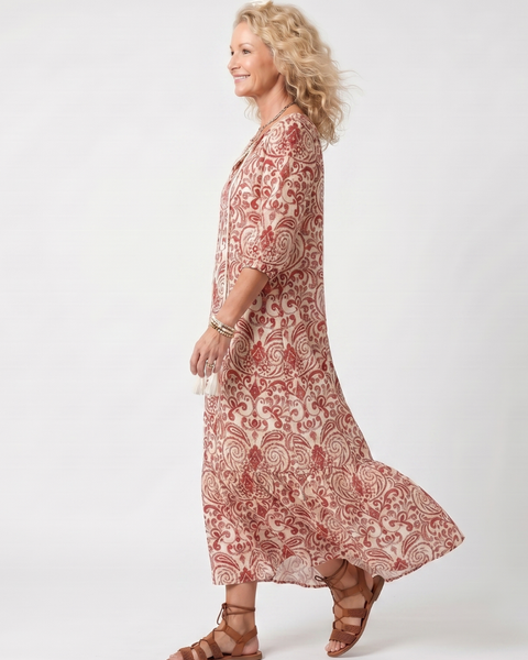 Noelle | Abito midi con stampa ornata e laccetti a frange