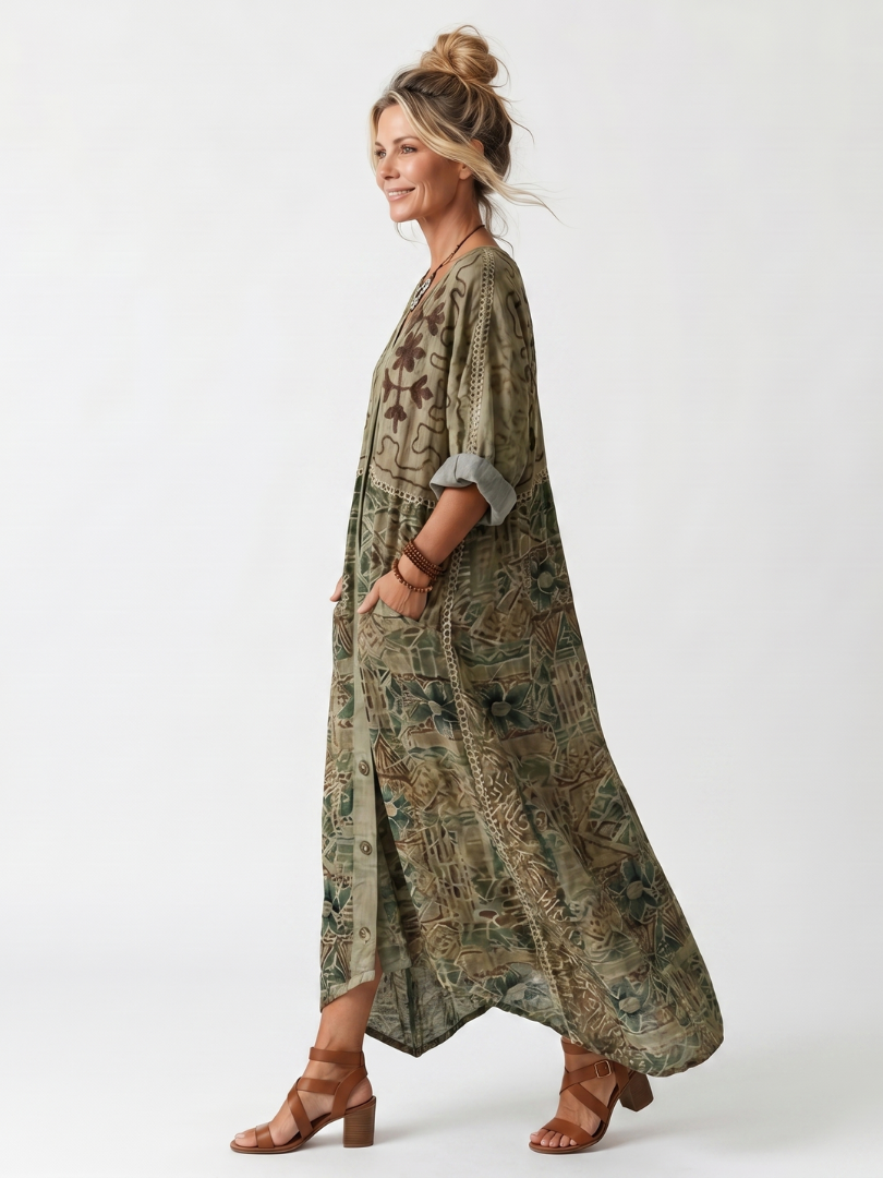 Aleta | Abito Midi Oversized con Bottoni e Ricami