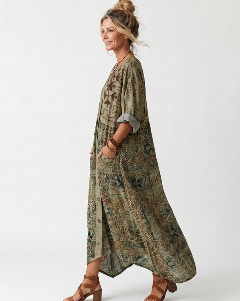 Aleta | Abito Midi Oversized con Bottoni e Ricami