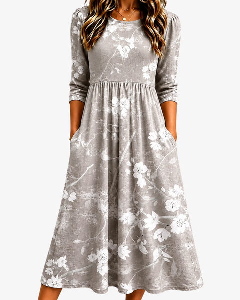 Silver Blossom Grace Pocket Midi Dress