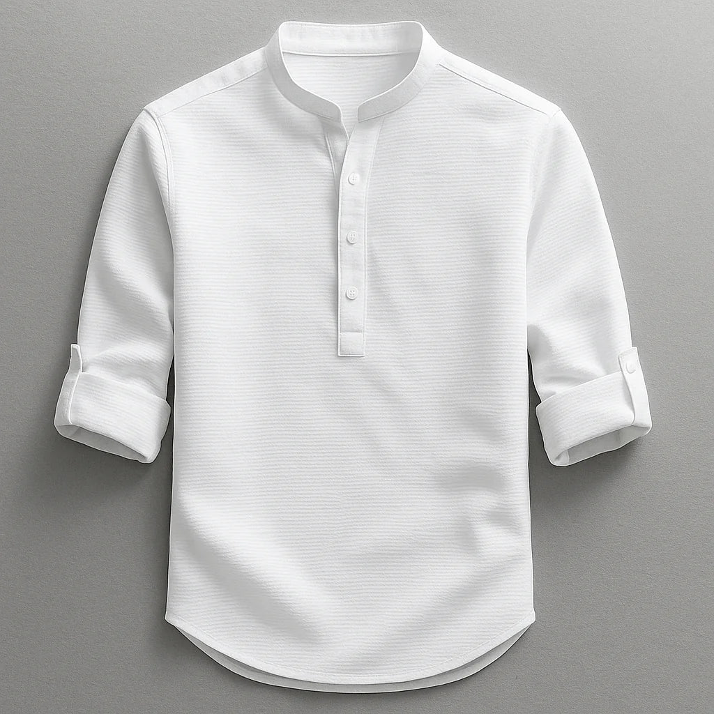 Camicia Colletto alla Coreana in Tessuto Nido d'Ape