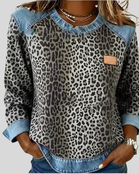 Felpa Donna Marie con Stampa Leopardo Effetto Denim