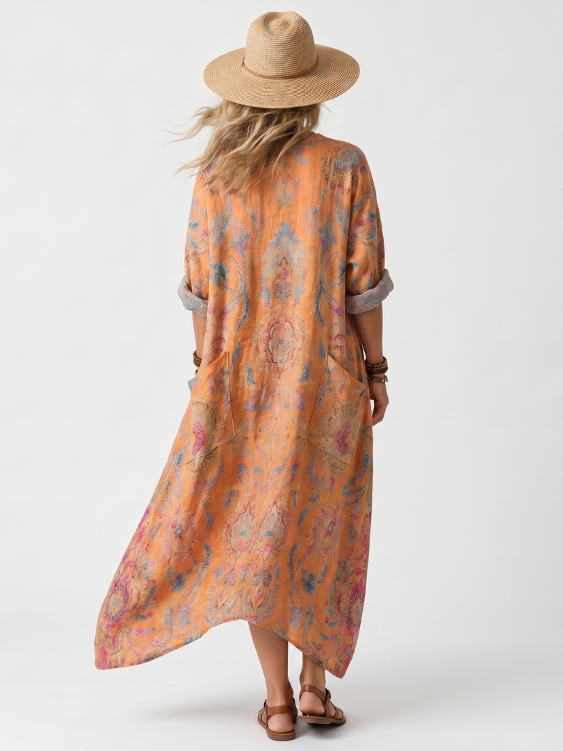 Remi | Abito Midi Oversize con Stampa e Tasche a Collo Notch