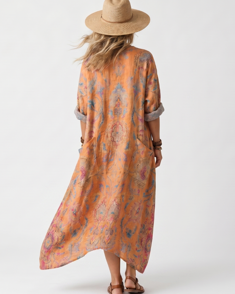 Remi | Abito Midi Oversize con Stampa e Tasche a Collo Notch