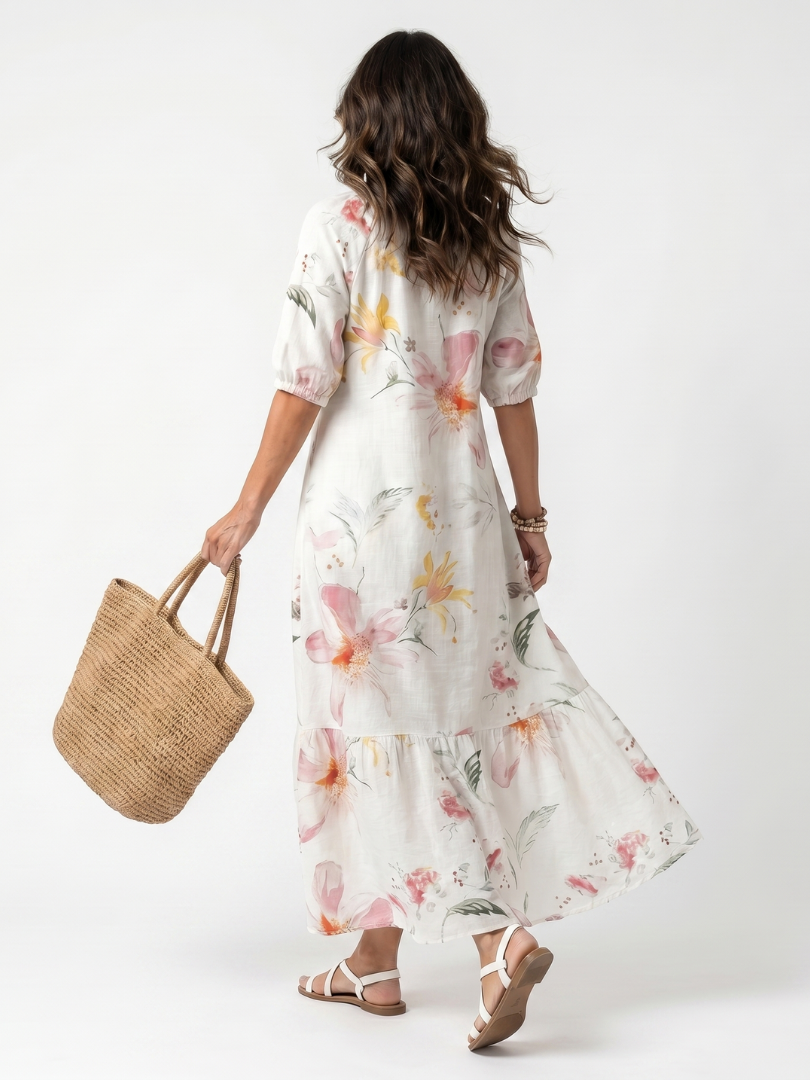 Noa | Abito Midi a Balze con Stampa Floreale e Frange