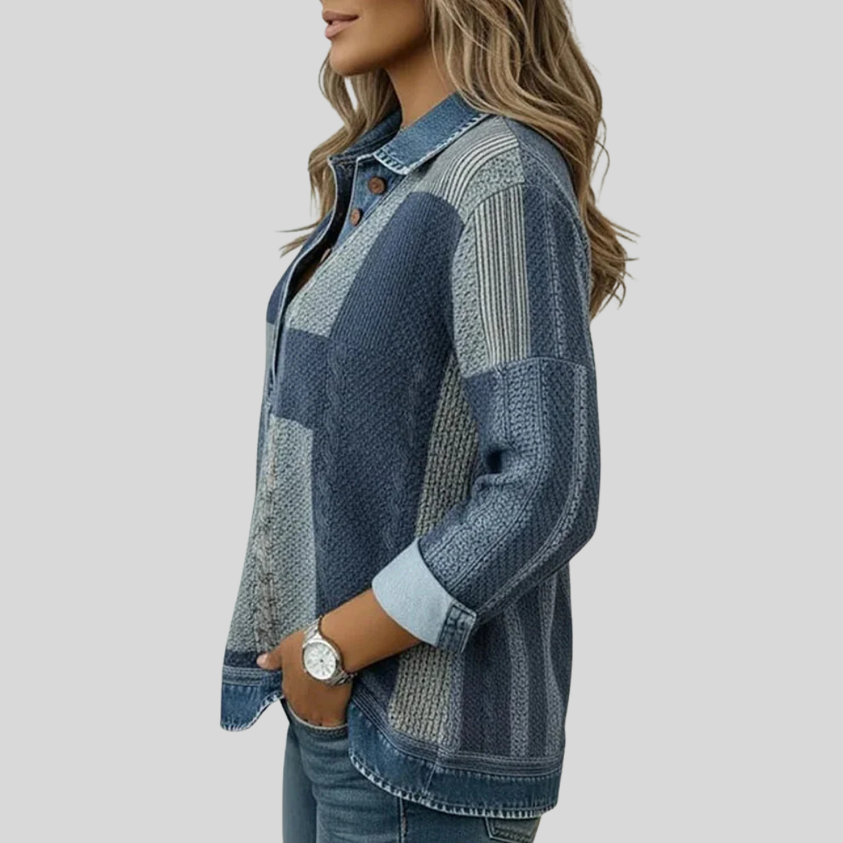 Maglione da donna Sylvie in stile patchwork effetto denim