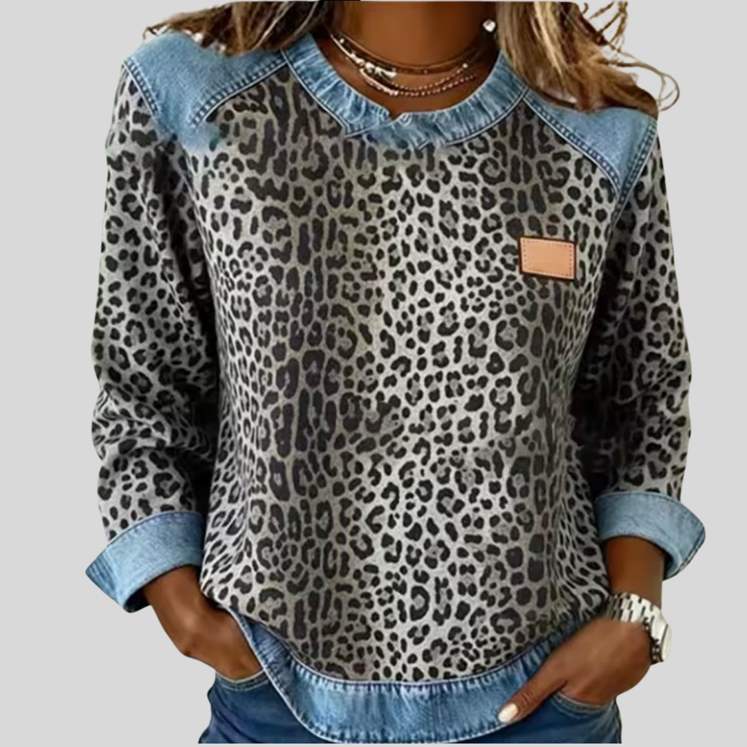 Antonella™ | Maglione con Stampa Leopardo e Collo in Denim