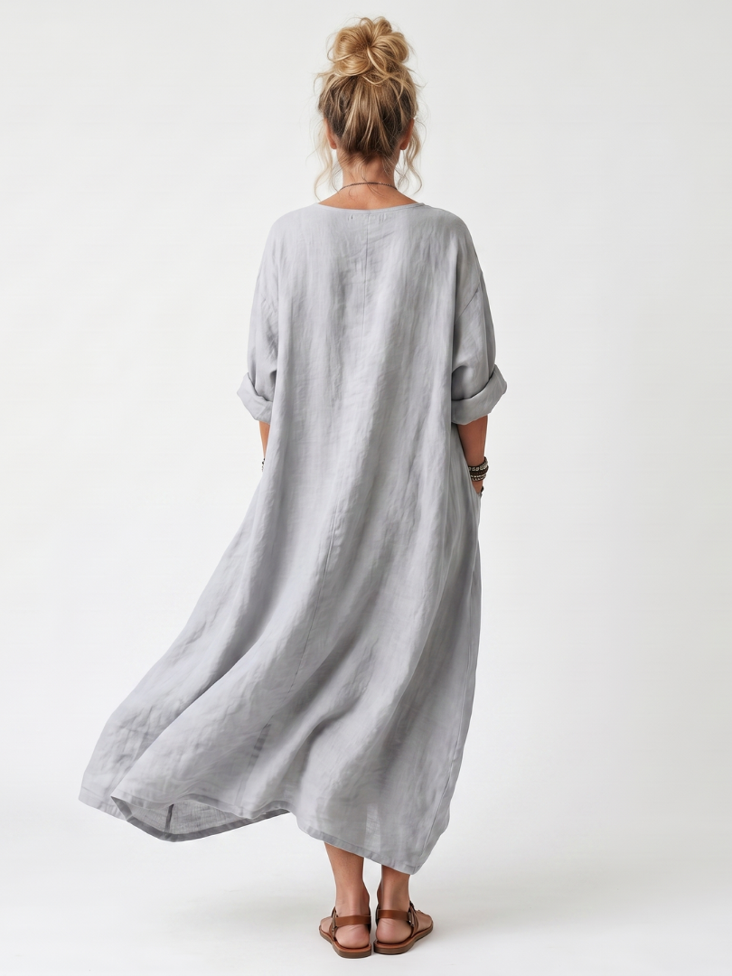 Raina | Vestito Midi Oversize con Pannello a Contrasto e Ricami