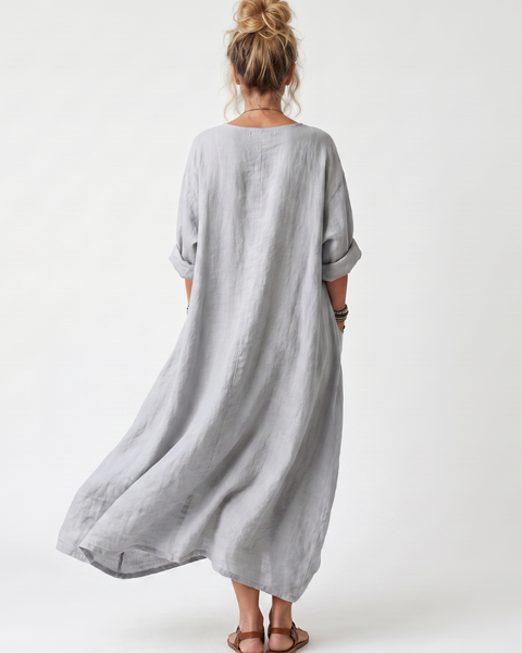 Raina | Vestito Midi Oversize con Pannello a Contrasto e Ricami