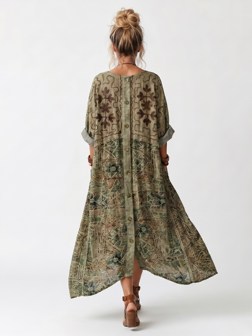 Aleta | Abito Midi Oversized con Bottoni e Ricami