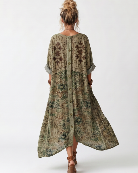 Aleta | Abito Midi Oversized con Bottoni e Ricami