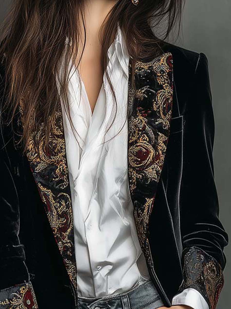 Blazer Slim Fit Nero con Stampa Barocca da Donna