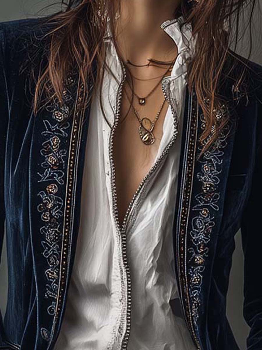 Giacca Longline Vintage Ricamata per Donne in Blu Navy