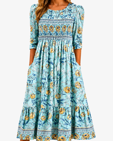 Golden Bloom Smocked Garden Midi Dress