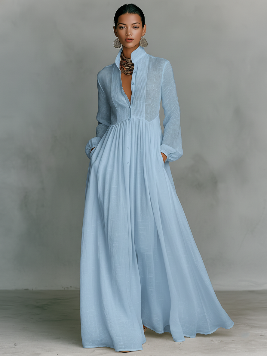 Genevieve | Abito Maxi con Collo Alto e Bottoni