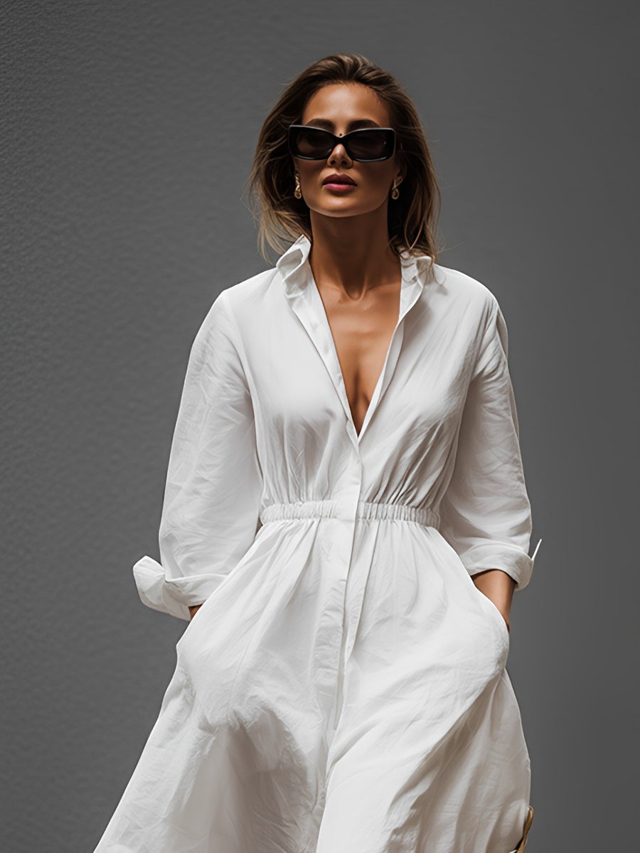 Elegante e intramontabile abito in lino con colletto a camicia e vita elasticizzata