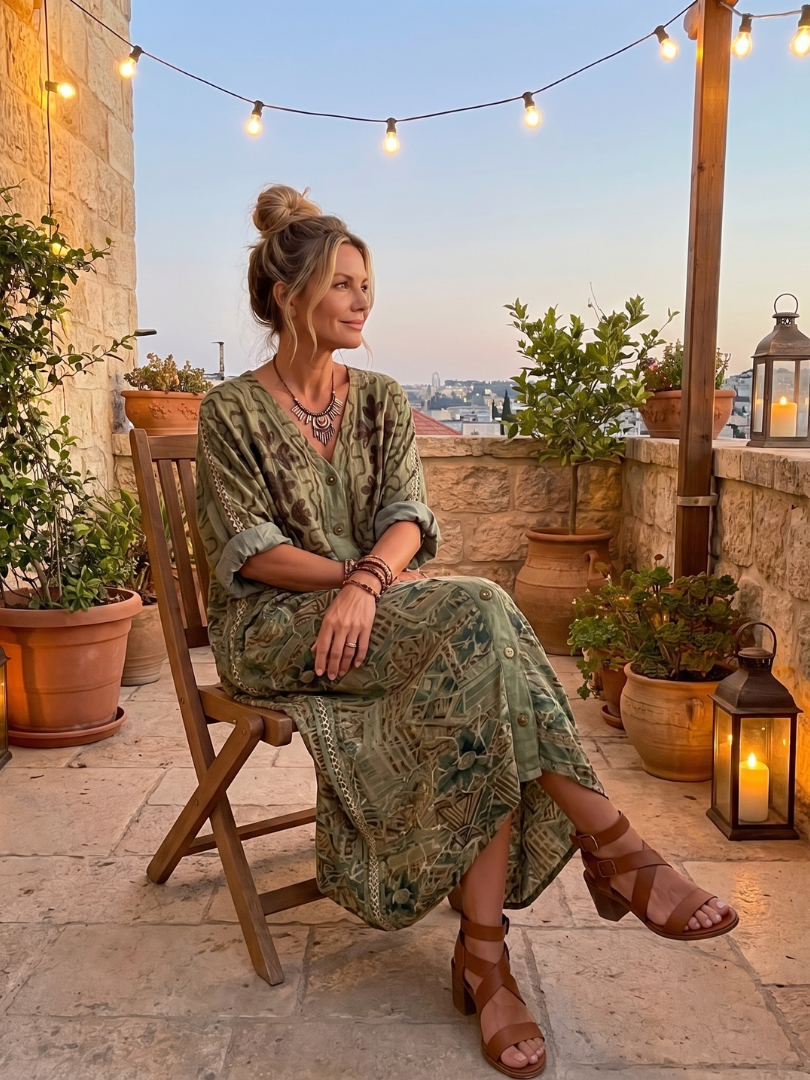 Aleta | Abito Midi Oversized con Bottoni e Ricami