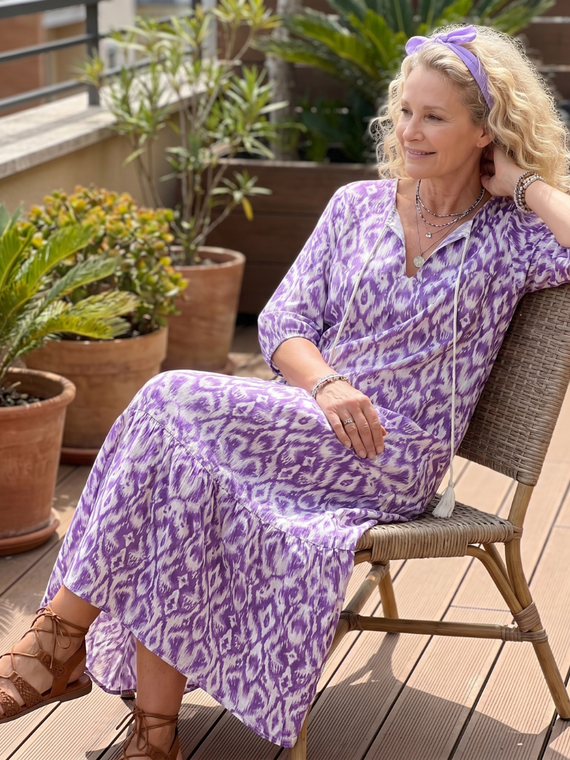 Penelope | Abito Midi con Nastro a Frange Stampato