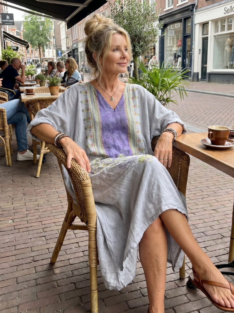 Raina | Vestito Midi Oversize con Pannello a Contrasto e Ricami