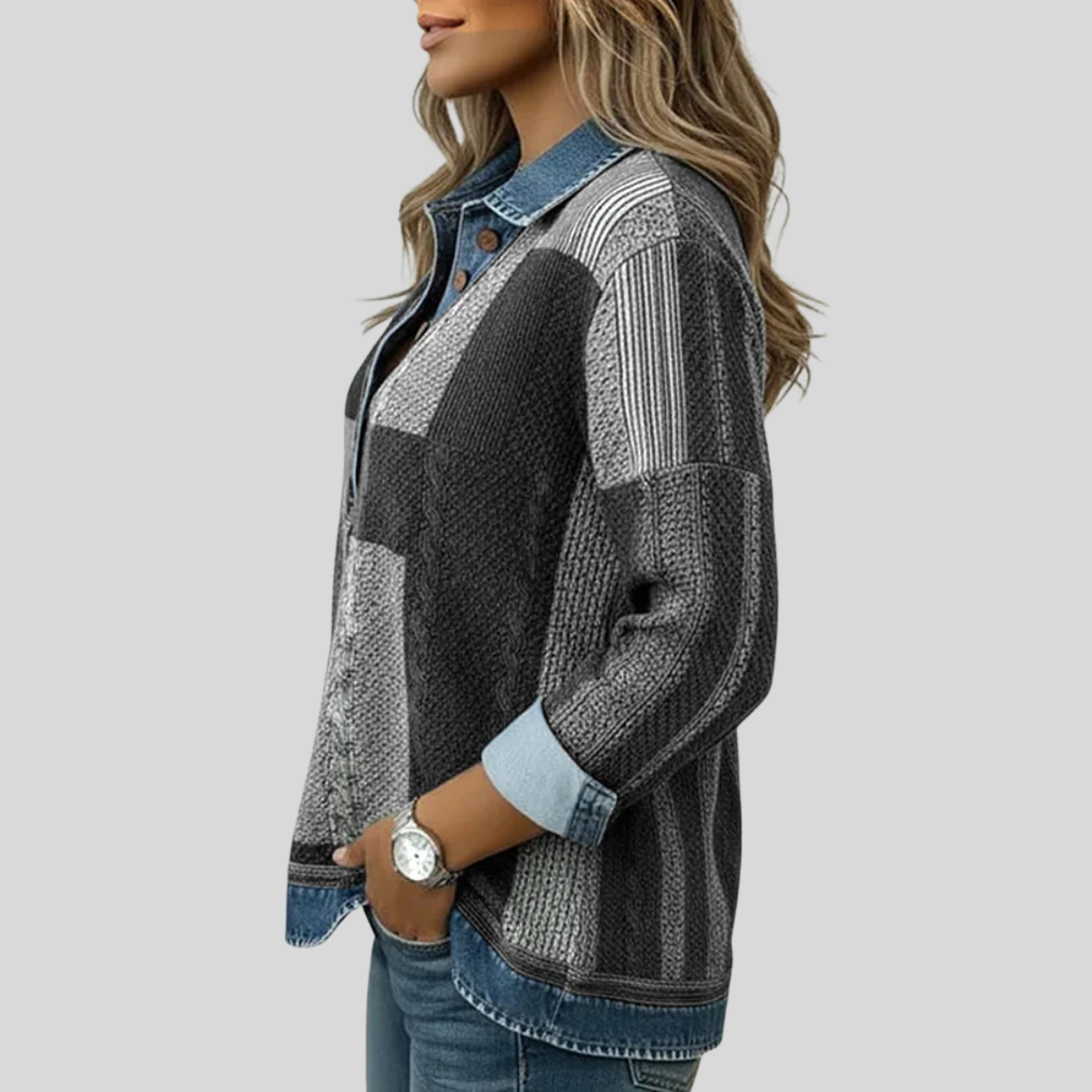 Maglione da donna Sylvie in stile patchwork effetto denim