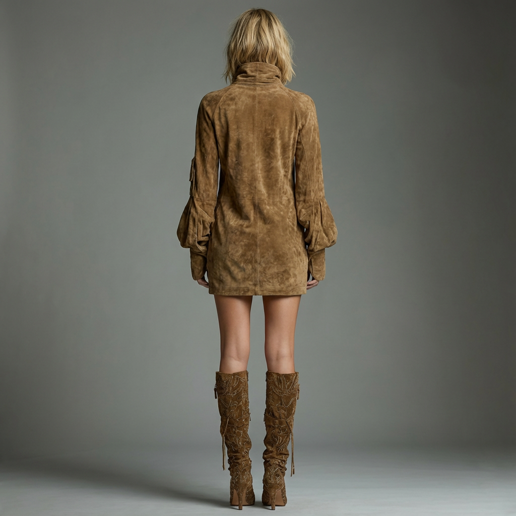 LILLY | ABITO MINI IN CAMOSCIO CON COLLO ALTO E CHARME VINTAGE