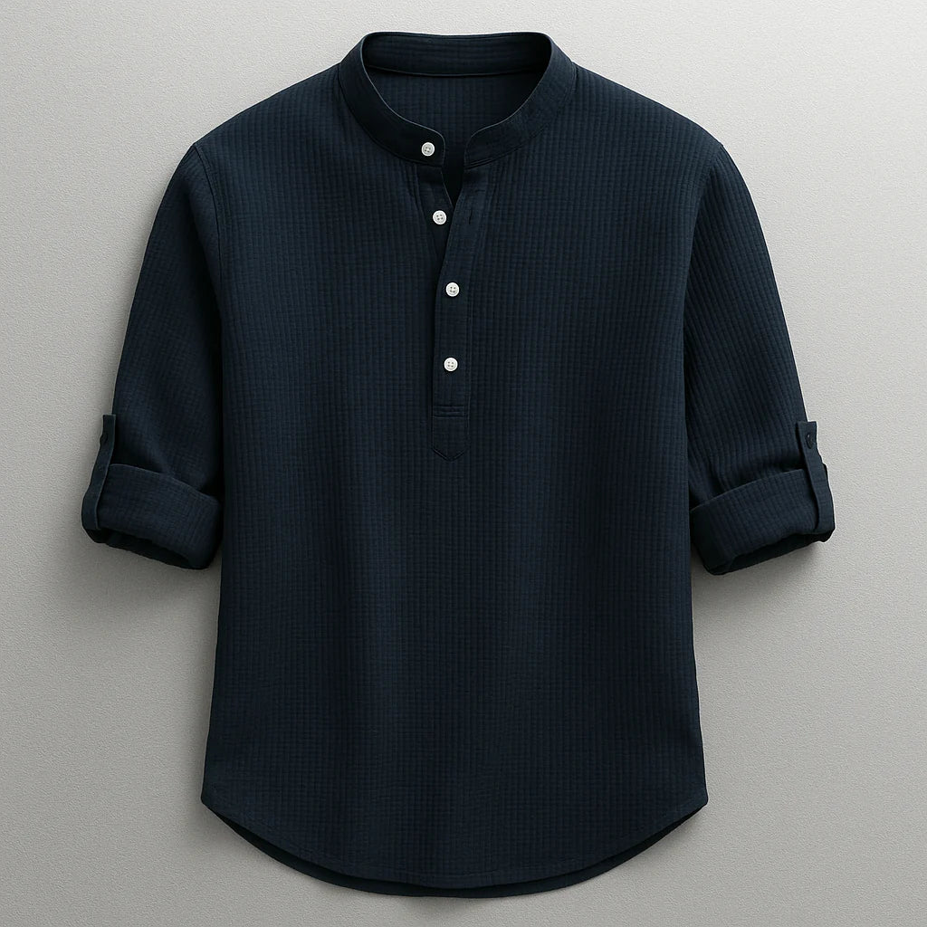Camicia Colletto alla Coreana in Tessuto Nido d'Ape