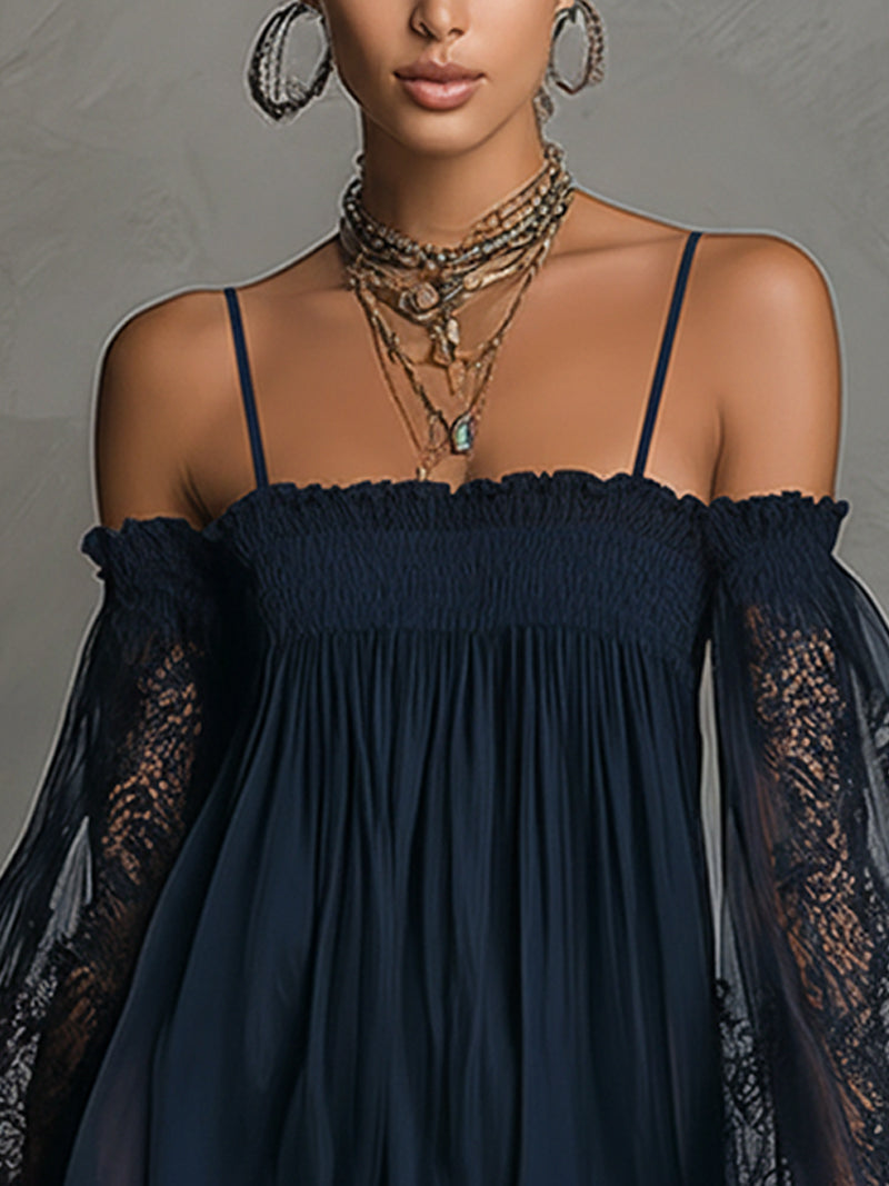 Louisa | Abito in Chiffon con Maniche in Pizzo a Spalle Scoperte