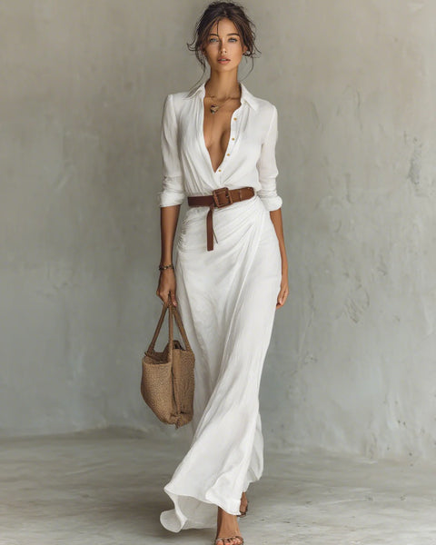 Abito Donna Camicia — Vestito Lungo con Cintura in Pelle