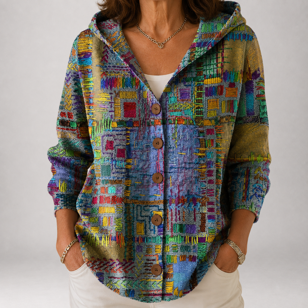 Halcyon | Cardigan con cappuccio in patchwork dipinto