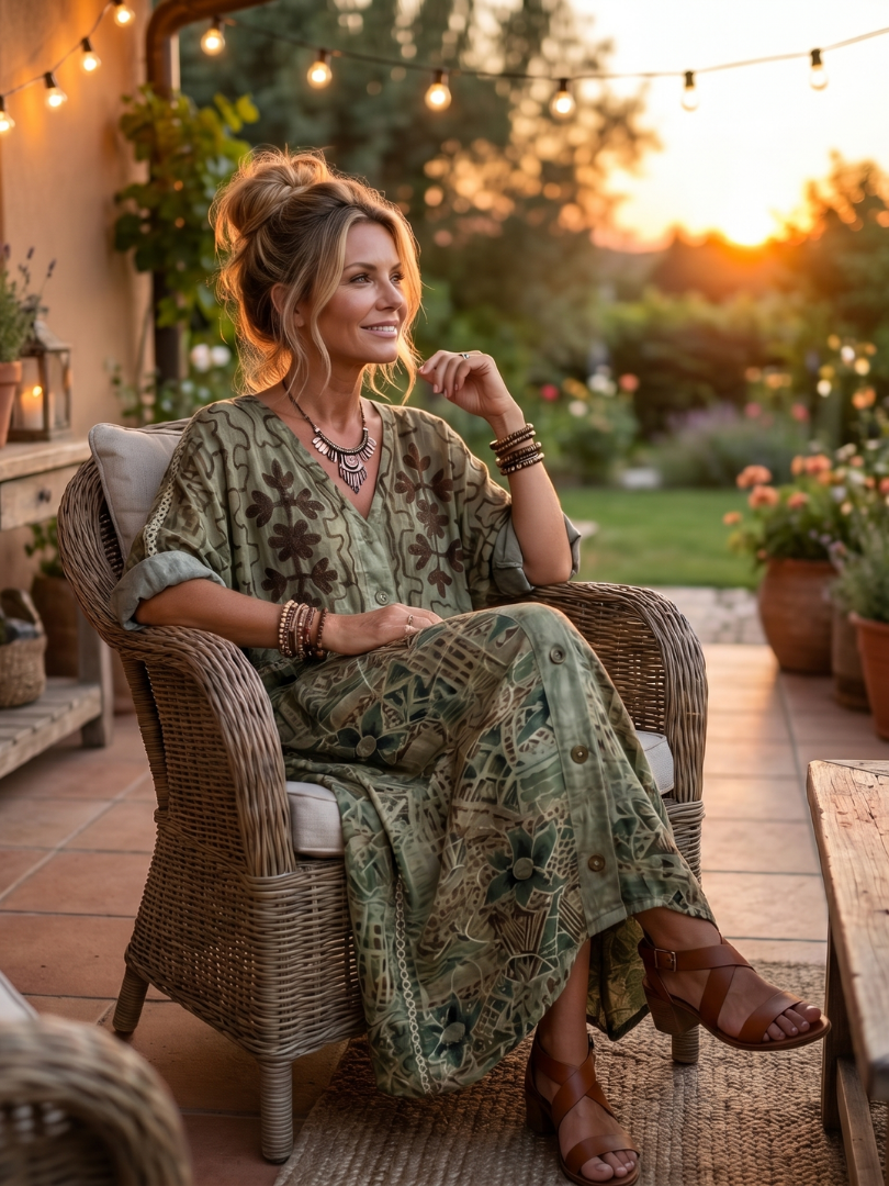 Aleta | Abito Midi Oversized con Bottoni e Ricami