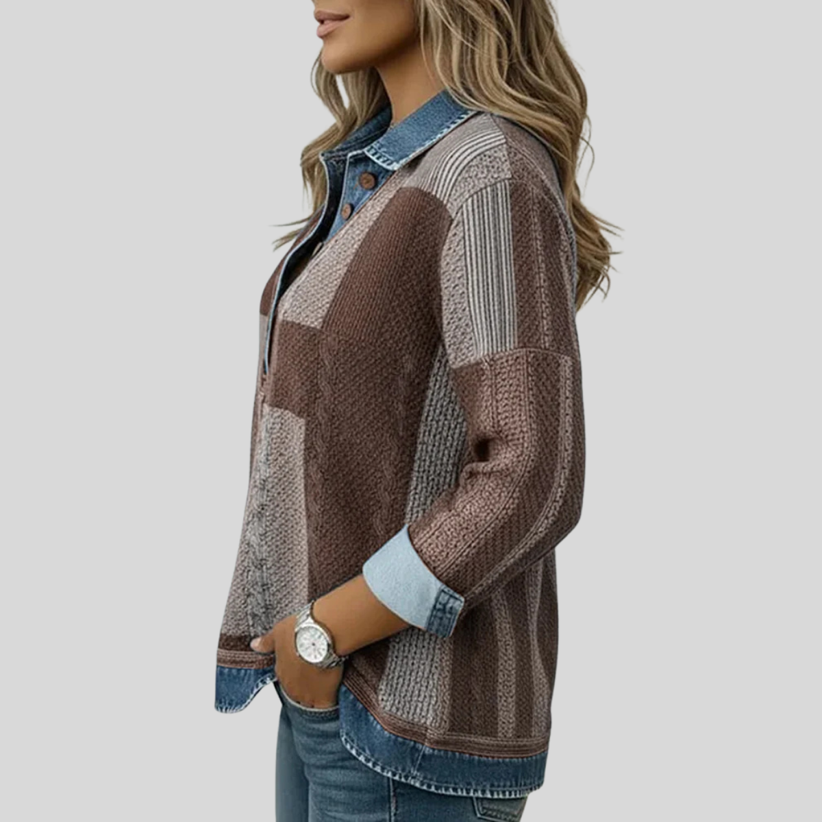 Maglione da donna Sylvie in stile patchwork effetto denim