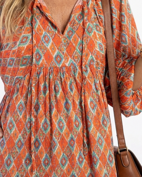 Amara | Abito midi a balze con stampa geometrica