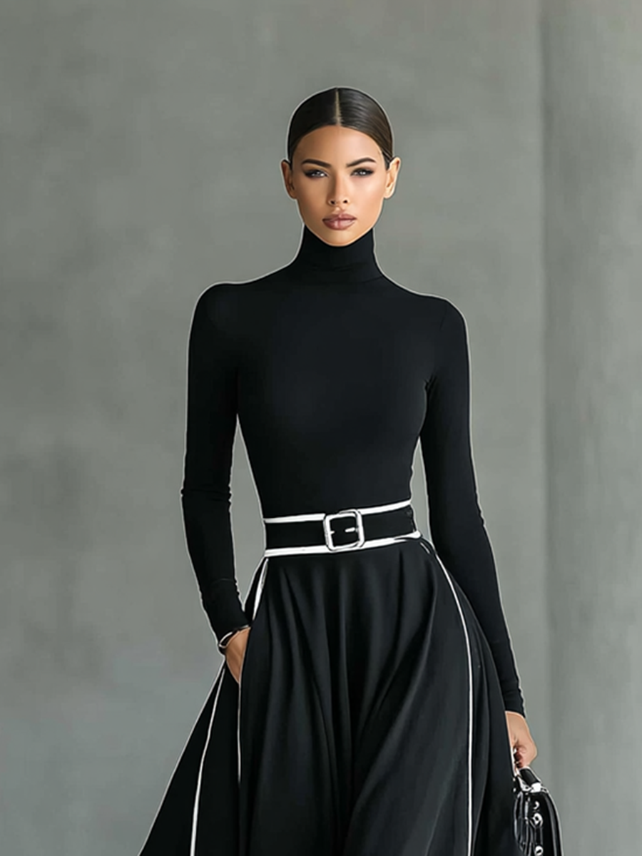 Gina – Abito Maxi Donna Nero con Cuciture Bianche e Collo Alto, Maniche Lunghe, Vita Sottile