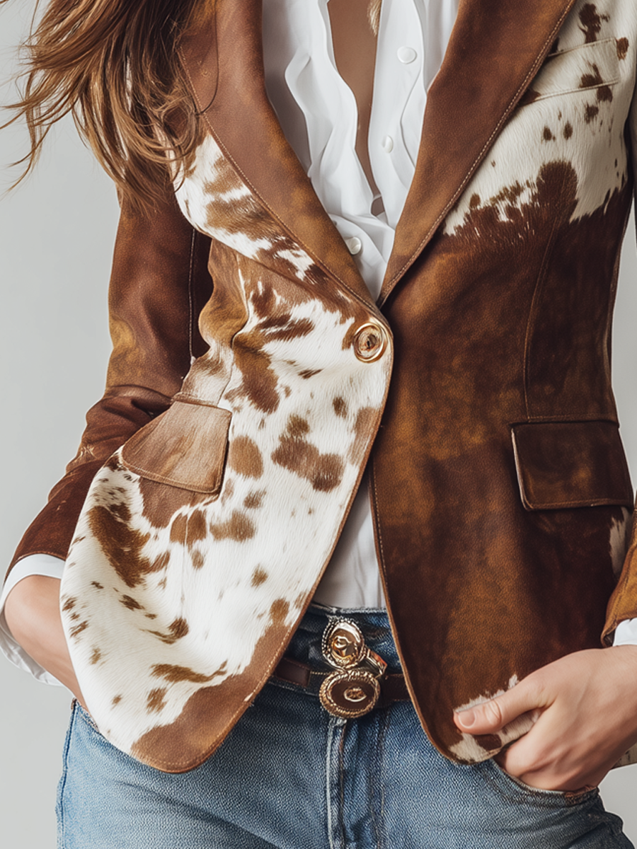 Blazer Eco-Friendly Vintage a Stampa Mucca per Donne