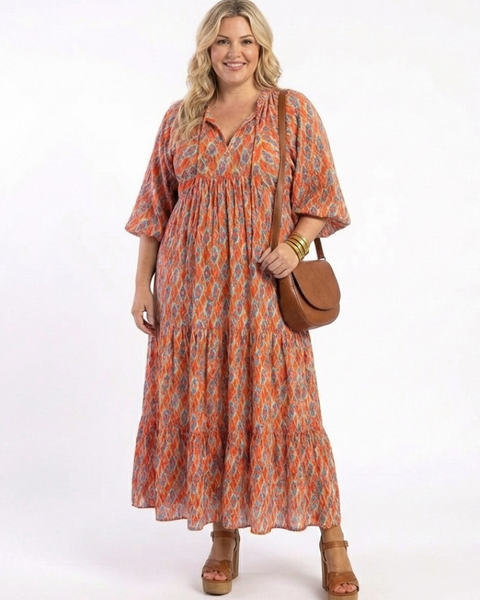 Amara | Abito midi a balze con stampa geometrica