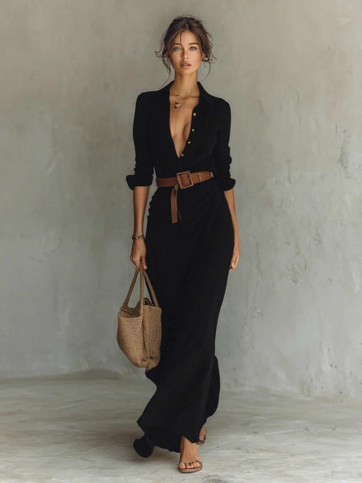 Abito Donna Camicia — Vestito Lungo con Cintura in Pelle